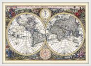 Medium Vintage Double Hemisphere World Map 1700 (Wood Frame - White)