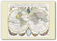 Extra Small Vintage French Double Hemisphere World Map c1700 (Canvas)