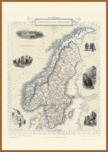 Large Vintage John Tallis Map of Sweden and Norway 1851 (Wood Frame - Teak)
