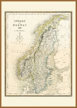 Large Vintage John Tallis Map of Sweden and Norway 1852 (Wood Frame - Teak)