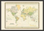Medium Vintage Mercators Projection World Map 1858 (Wood Frame - Black)