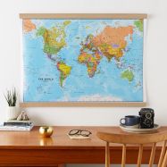 Medium World Wall Map Political (Wooden hanging bars)