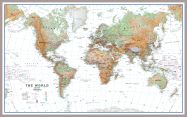 Large World Wall Map Physical White Ocean (Pinboard & framed - Silver)