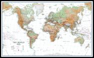 Large World Wall Map Physical White Ocean (Pinboard & framed - Black)