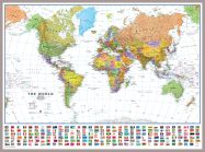 Large World Wall Map Political with flags White Ocean (Pinboard & framed - Silver)