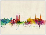 Large Zurich Switzerland Watercolour Skyline (Wood Frame - White)