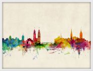 Small Zurich Switzerland Watercolour Skyline (Wood Frame - White)