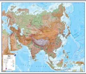 Large Asia Wall Map Physical (Rolled Canvas with Hanging Bars)