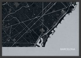 Small Barcelona City Street Map Print Charcoal (Wood Frame - Black)