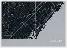 Small Barcelona City Street Map Print Charcoal (Wood Frame - White)