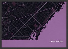 Small Barcelona City Street Map Print Mauve (Wood Frame - Black)