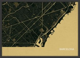 Small Barcelona City Street Map Print Straw (Wood Frame - Black)