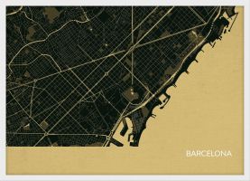 Small Barcelona City Street Map Print Straw (Wood Frame - White)
