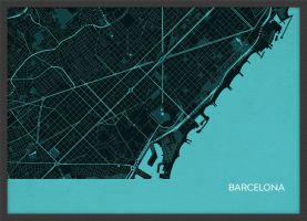 Small Barcelona City Street Map Print Turquoise (Wood Frame - Black)