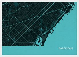 Small Barcelona City Street Map Print Turquoise (Wood Frame - White)