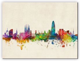 Extra Small Barcelona Spain Watercolour Skyline (Canvas)