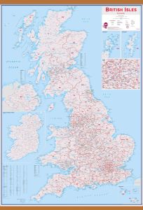 Large British Isles Postcode Map (Rolled Canvas with Wooden Hanging Bars)