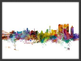 Small Calcutta (Kolkata) India Watercolour Skyline (Wood Frame - Black)