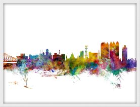 Small Calcutta (Kolkata) India Watercolour Skyline (Wood Frame - White)