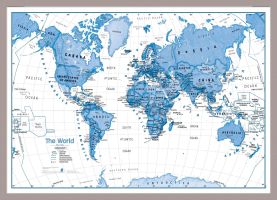 Medium Children's Art Map of the World Blue (Pinboard & framed - Silver)