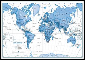 Large Children's Art Map of the World Blue (Pinboard & framed - Black)