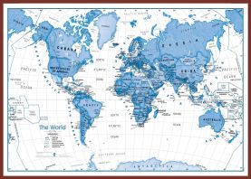Large Children's Art Map of the World Blue (Pinboard & framed - Dark Oak)