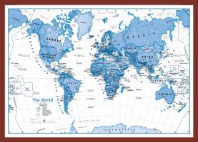 Medium Children's Art Map of the World Blue (Pinboard & framed - Dark Oak)