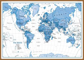 Large Children's Art Map of the World Blue (Wood Frame - Teak)