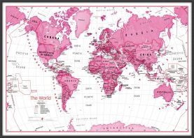 Large Children's Art Map of the World Pink (Wood Frame - Black)