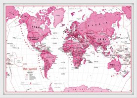 Medium Children's Art Map of the World Pink (Pinboard & wood frame - White)