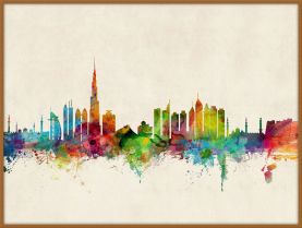 Large Dubai Watercolour Skyline (Wood Frame - Teak)