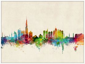 Large Dubai Watercolour Skyline (Wood Frame - White)