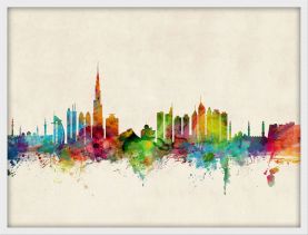 Small Dubai Watercolour Skyline (Wood Frame - White)
