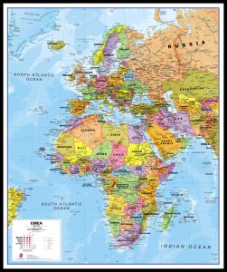 Europe Middle East Africa (EMEA) Political Map (Pinboard & framed - Black)