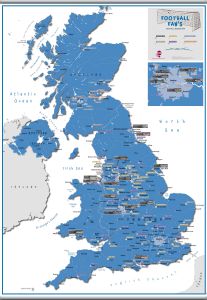 Football Fan's Football Grounds Map Blue (Rolled Canvas with Hanging Bars)