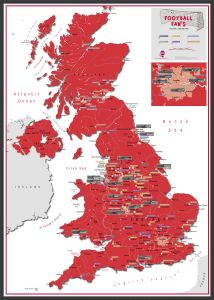 Football Fan's Football Grounds Map Red (Wood Frame - Black)