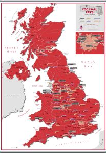 Football Fan's Football Grounds Map Red (Rolled Canvas with Hanging Bars)