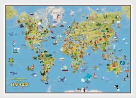 Kids Cartoon World Map (Wood Frame - White)