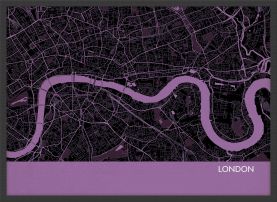 Small London City Street Map Print Mauve (Wood Frame - Black)