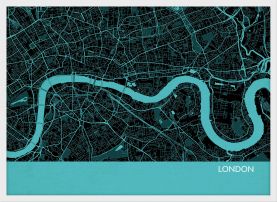 Small London City Street Map Print Turquoise (Wood Frame - White)