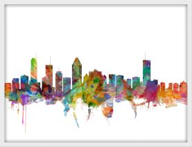 Small Montreal Watercolour Skyline (Wood Frame - White)