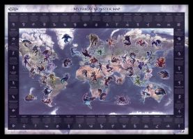 Medium Mythical Monster World Map (Pinboard & framed - Black)