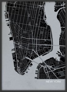 Small New York City Street Map Print Charcoal (Wood Frame - Black)