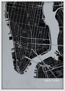 Small New York City Street Map Print Charcoal (Wood Frame - White)