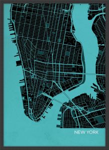 Small New York City Street Map Print Turquoise (Wood Frame - Black)