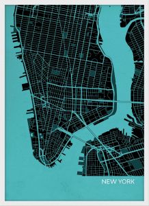 Small New York City Street Map Print Turquoise (Wood Frame - White)