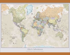 Medium Personalised Classic World Map (Rolled Canvas with Wooden Hanging Bars)