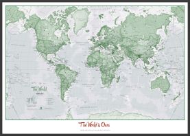 Large Personalised World Is Art - Wall Map Green (Wood Frame - Black)