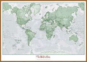 Large Personalised World Is Art - Wall Map Green (Wood Frame - Teak)