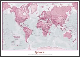 Large Personalised World Is Art - Wall Map Pink (Wood Frame - Black)